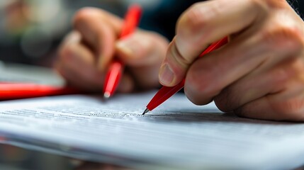 Detailed view of a hand holding a red pen actively marking corrections on a printed document, symbolizing the review or editing phase in writing or content creation.