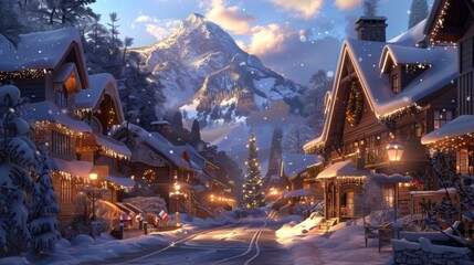 Cozy Snowy Village at Dusk.