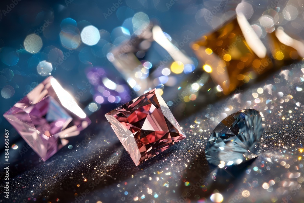 Poster colorful gemstones with a luminous bokeh effect on a shimmering surface