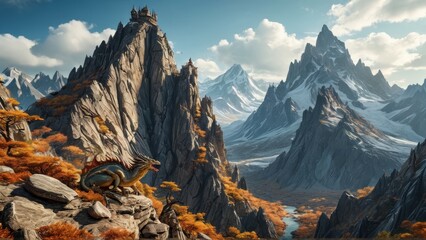 Dragon guarding a mountaintop castle.