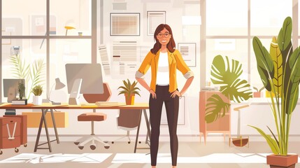 An illustration of a woman in a vibrant, well-lit office exudes confidence and professionalism, with various office elements and a mix of natural and artificial light.