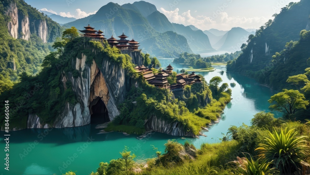 Canvas Prints ancient temple on a mountain cliff overlooking a serene lake.