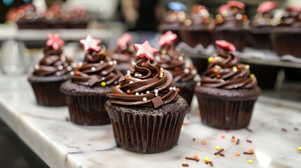 Gourmet chocolate cupcakes adorned with rich chocolate frosting and festive decorations featuring colorful candies and pink star toppers, arranged neatly for celebration.
