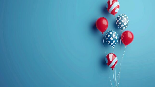 Red, white, and blue balloons with stars and stripes motifs floating against a plain blue background, symbolizing patriotism and the celebration of national events.