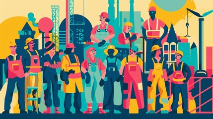 This image shows a group of diverse construction workers posing together at an industrial site, highlighting teamwork, diversity, and the spirit of unity in labor.