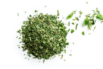 Obraz premium A close-up shot of a pile of green leaves on a white background, perfect for use in editorial or commercial contexts