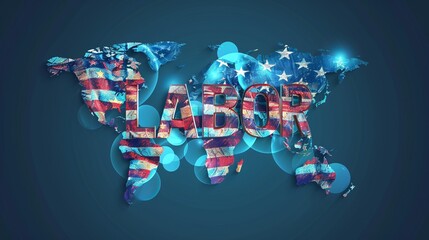 A creative composition featuring the word 'LABOR' in American flag design over a world map, symbolizing the global impact and importance of labor and hard work.