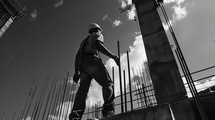 A black and white photograph of a construction worker in action at a job site, representing hard work, determination, and the industrial spirit of building and development.