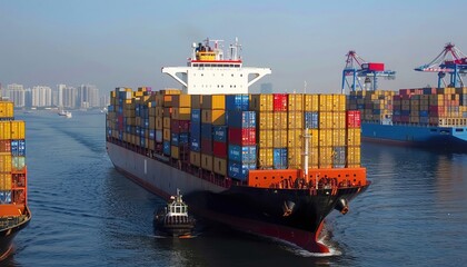 Obraz premium A cargo ship loaded with containers in a bustling port