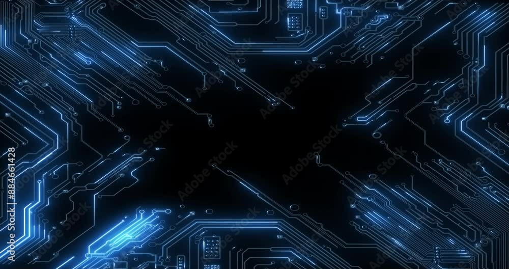 Poster Circuit board, digital and technology on motherboard for big data or communication on black background. Network, electronics or machine learning on cyber hardware for future, info or cloud computing