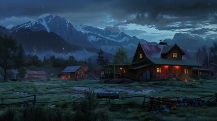 Fototapeta premium A rustic cabin illuminated with warm lights in a serene mountainous landscape during the night, with cloudy skies and mist enhancing the tranquil ambiance of the scenery.