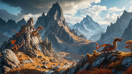 Dragons in a Mountainous Landscape.
