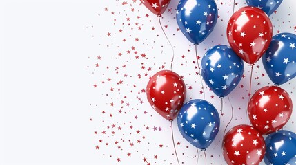 Multiple red and blue balloons with white star patterns clustered together on a white background, with tiny red and blue star confetti scattered surrounding the balloons.