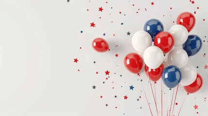 An assortment of red, white, and blue balloons with star patterns arranged together on a white background, featuring scattered red and blue star confetti floating around them.