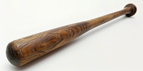 A wooden baseball bat lying on a white background, ready for use