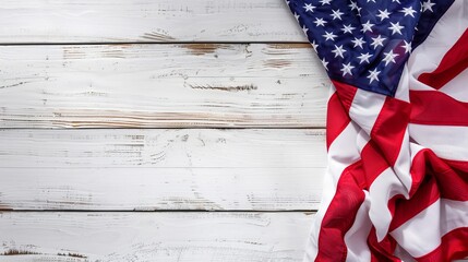 Obraz premium An image showing an American flag on a white wooden plank background styled in a flat lay arrangement, symbolizing patriotism, heritage, and rustic charm within a contemporary style.