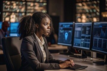 African American woman cybersecurity expert in a control room with blue screens