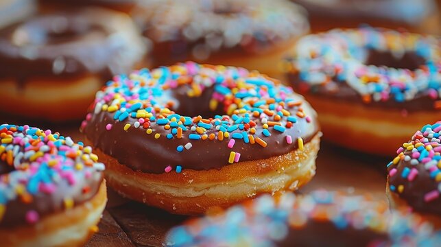 Macro view of chocolate dipped donuts with defocused background for enticing visuals