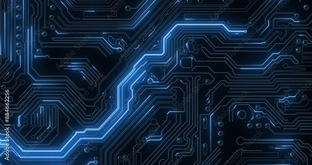 Poster Circuit board, digital and future technology on motherboard for data or communication on black background. Network, neon electronics or cpu for machine learning on cyber hardware or cloud computing
