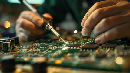 A technician repairing a circuit board with a soldering iron