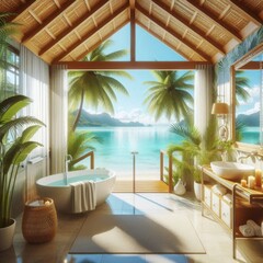 Fototapeta premium Sunny Tropical Bathroom Overlooking The Ocean 