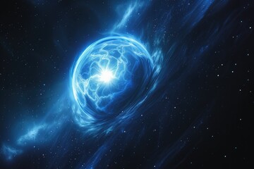 A blue star is situated at the center of a galaxy, with surrounding stars and celestial bodies