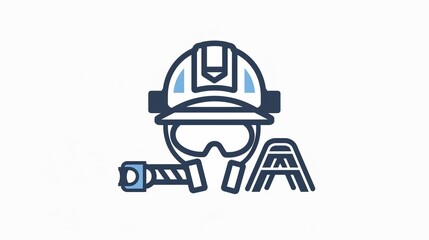 Fototapeta premium This image depicts an icon of essential protective gear for construction workers, including a hard hat, safety goggles, a flashlight, and an 'A'-shaped object.