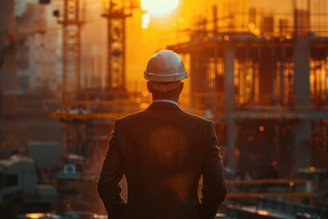 Obraz premium A businessman in a formal suit wearing a construction helmet stands in front of a construction site in the early morning sunlight