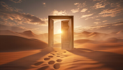 Open Wooden Doors in Desert Sunset, Concept of New startup Opportunities and Adventure, Beautiful Landscape with Golden Light