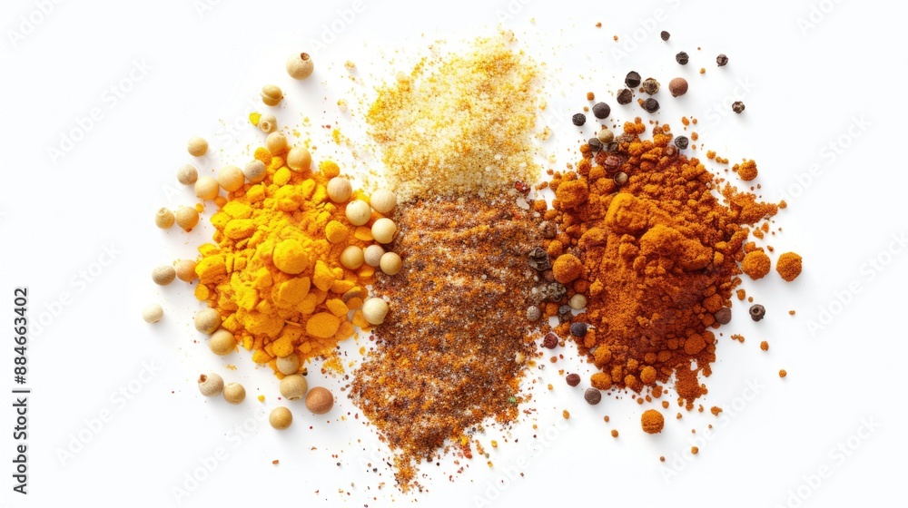 Poster a selection of colorful spices arranged on a clean white background, ideal for use in cooking or pho