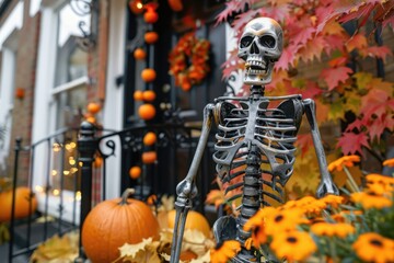 A large skeleton robot standing and decorating outside a house, prepared for Halloween in autumn

