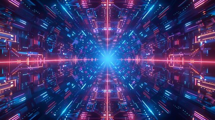 Obraz premium Produce a digital neon symmetry with detailed and luminous patterns, Monochromatic Color Scheme, top view, emphasizing geometric balance, sci-fi tone, Tetradic color scheme