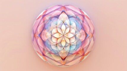 Design a spherical artwork with prismatic hues and precise details, colored pastel, top view, representing accurate symmetry, advanced tone, Analogous Color Scheme