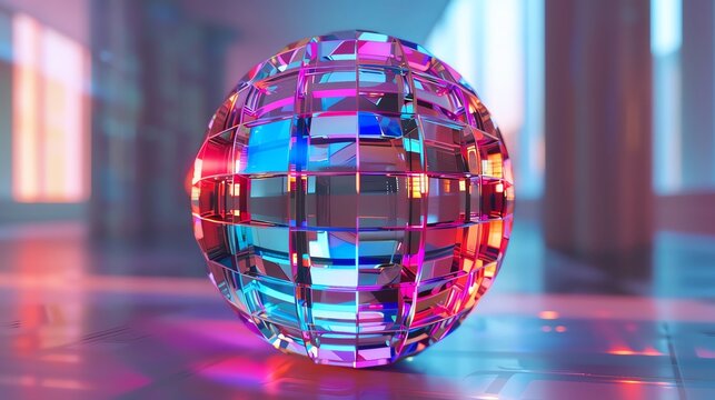 Craft a prismatic spherical piece featuring precision and bright colors, side view, symbolizing exacting detail, cybernetic tone, Split-complementary color scheme