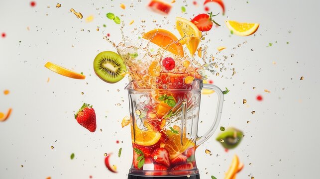 Blender mixer at work with fruit slices flying around in air isolated over plain background.