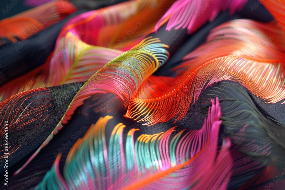 Poster a vibrant scarf displayed on a table, perfect for capturing attention with its bright colors and tex
