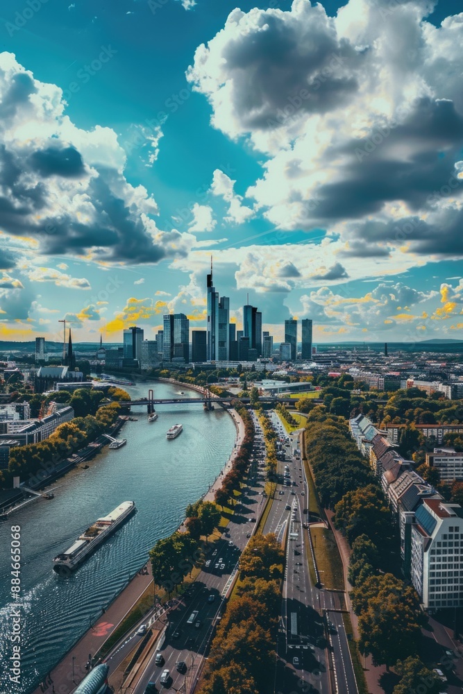 Poster a scenic view of a city with a winding river flowing through it, suitable for use in travel or urban