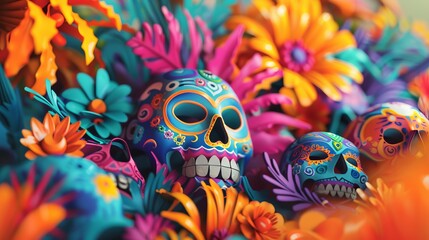 Fototapeta premium Colorful and intricately designed sugar skulls surrounded by vivid flowers, celebrating the Mexican Day of the Dead, symbolizing remembrance and festivity.