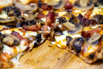 Rustic artisan mushroom pizza with bacon