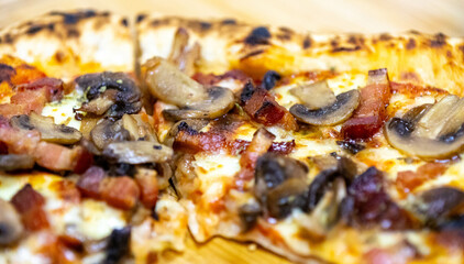 Rustic artisan mushroom pizza with bacon