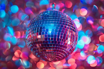 Obraz premium Closeup of a shiny disco ball with vibrant bokeh lights creating a festive atmosphere