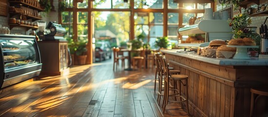 Sunlit Bakery Interior with Wooden Counter and Stools