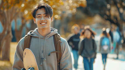 Happy college student with skateboard on campus