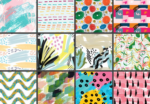 Seamless Pattern Set with Marker Brush Doodle and Strokes 