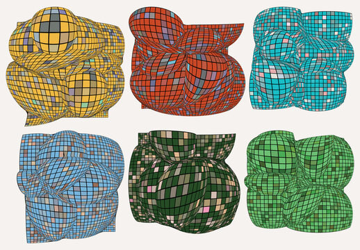 Set of Colored Geometric 3D computer modeled wire frame futuristic objects