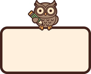 鉛筆を持っているミミズクとテキストエリア（owl holding a pencil and text box.）
