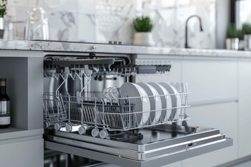 Dishwasher filled with sparkling clean dishes in a contemporary kitchen setting
