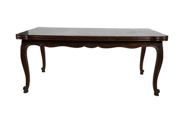 Antique dark wood dining table with curved legs isolated on white background on transparent background
