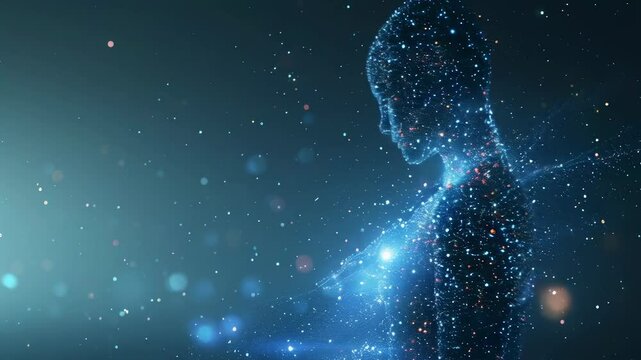 A digital silhouette of a human figure appears crafted from glowing particles, set against a dark background. The particles form intricate patterns, conveying a sense of mystery and technological