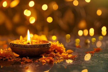 Glowing earthen lamp surrounded by marigold flowers and festive lights for diwali celebration